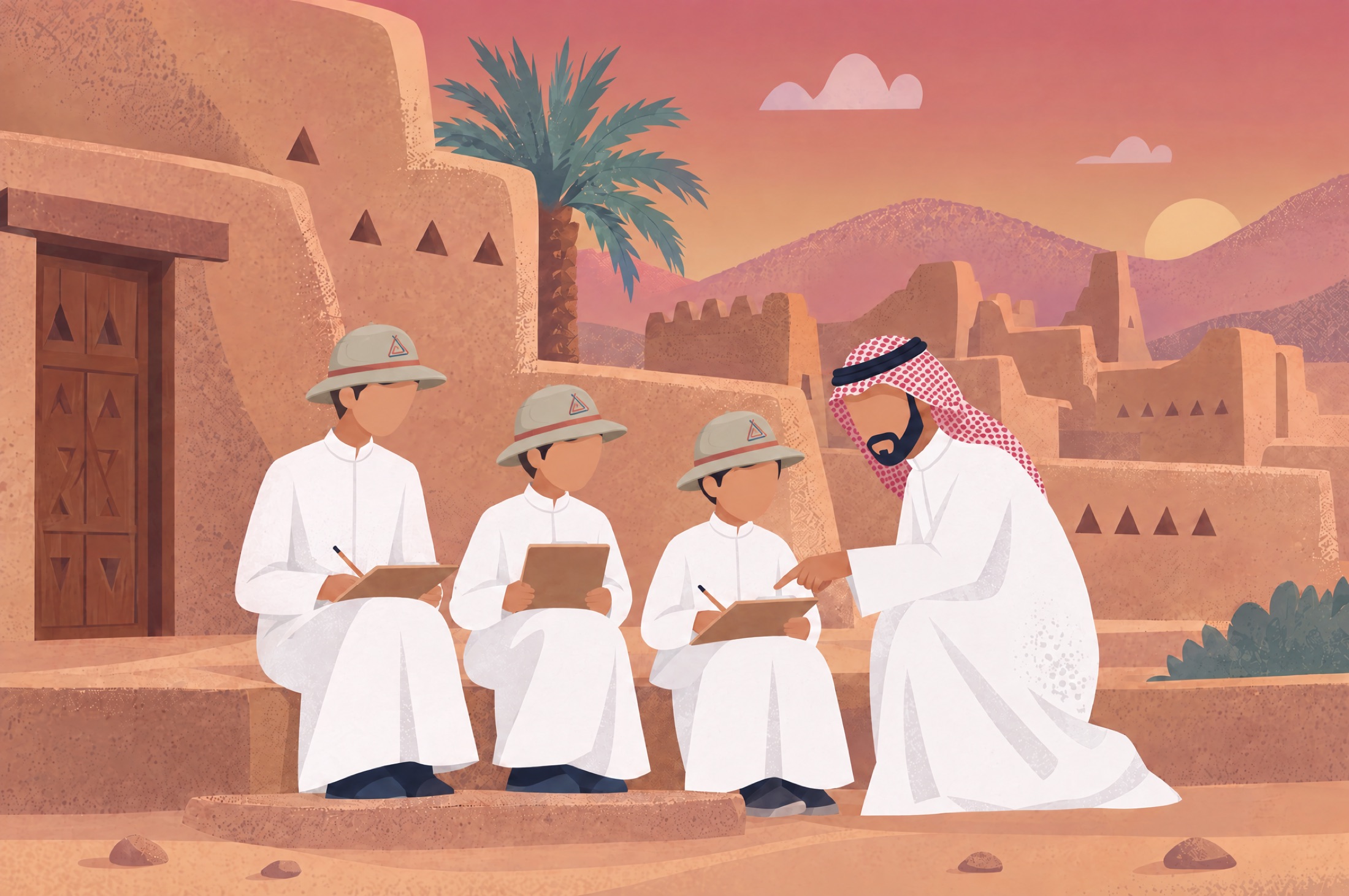 طالبات يحللن ورقة النشاط بجوار جدار طيني مع مشرفة